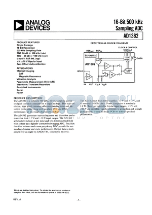 AD1382KD datasheet - 18V; 900mW; 16-bit 500kHz sampling ADC. For medical imaging, CAT, magnetic resonance, vibration analysis, parametric measurement unit (ATE)