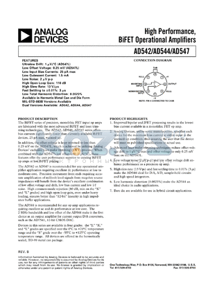 AD542SH/883B datasheet - Initial offset voltage: 2.0mV; high performance BiFET operational amplifier