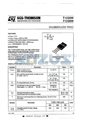 T1220-400W datasheet - Snubberless triac, 12A, 400V