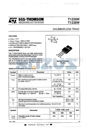 T1230-700W datasheet - Snubberless triac, 12A, 700V