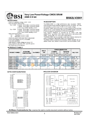 BS62LV2001STI-10 datasheet - Very low power/voltage CMOS SRAM 256K X 8 bit, 100ns