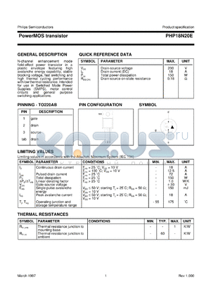 PNP18N20E datasheet - PowerMOS transistor. Drain-source voltage 200 V. Drain current(DC) 18 A.