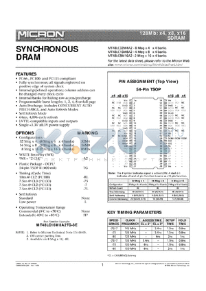 MT48LC8M16A2TG-7IT datasheet - 3.3V, 8Meg x 16-bit SDRAM, 7.5ns