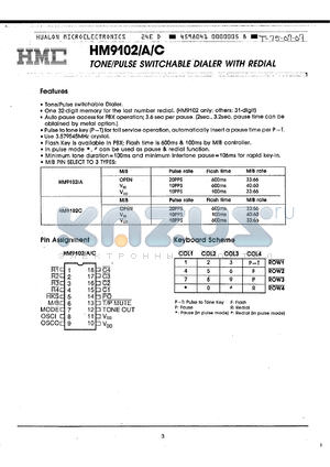 HM9102 datasheet - Tone/pulse switchable dialer with redial