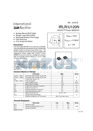 IRLR120NTRL datasheet - N-channel power MOSFET, 100V, 10A