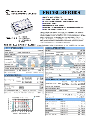 FKC05-48D15W datasheet - Input range:18-75 VDC;output voltage:+/-15 VDC; output current:+/-190 mA;input current:159 mA; 5 W DC-DC converter