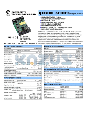 QEB100-48S3P3-P datasheet - Input range:36-75 VDC;output voltage:3.3 VDC; output current:25 A; 100 W single output DC-DC converter