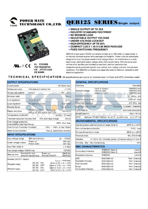 QEB125-48S3P3-M datasheet - Input range:36-75 VDC;output voltage:3.3 VDC; output current:30 A; 125 W single output DC-DC converter