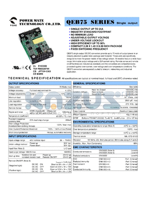QEB75-48S05-L datasheet - Input range:36-75 VDC;output voltage:5 VDC; output current:15 A; 75 W single output DC-DC converter
