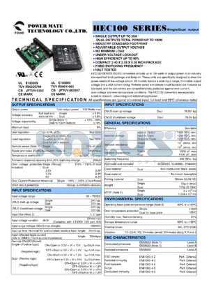 HEC100-48S1P8-P datasheet - Input range:36-75 VDC;output voltage:1.8 VDC; output current:25 A;input current:1.157 A; 100 W  single output DC-DC converter