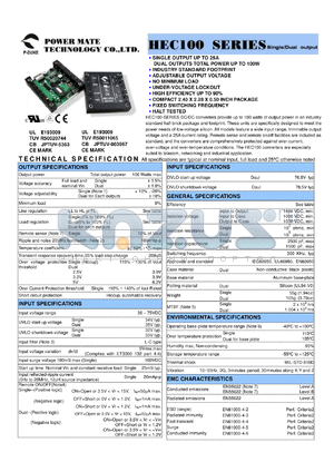 HEC100-48D3305-P datasheet - Input range:36-75 VDC;output voltage:5/3.3 VDC; output current:20/25 A;input current:2.39 A; 100 W  dual output DC-DC converter