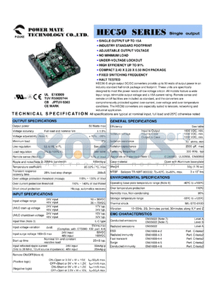 HEC50-48S15-M datasheet - Input range:36-75 VDC;output voltage:15 VDC; output current:3.3 A;input current:1.2 A; 50 W  single output DC-DC converter