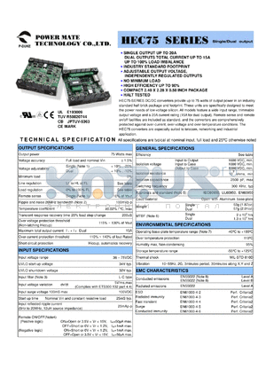 HEC75-48S15-P datasheet - Input range:36-75 VDC;output voltage:15 VDC; output current:5 A;input current:1.860 A; 75 W  single output DC-DC converter