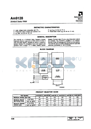 AM9128-90BJA datasheet - 2048 x 8 static RAM, 90ns