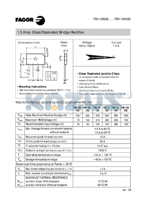 FBI1.5B5S2 datasheet - 100 V, 1.5 A glass passivated bridge rectifier