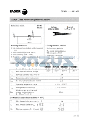 GP10DI datasheet - 200 V, 1 A glass passivated junction rectifier