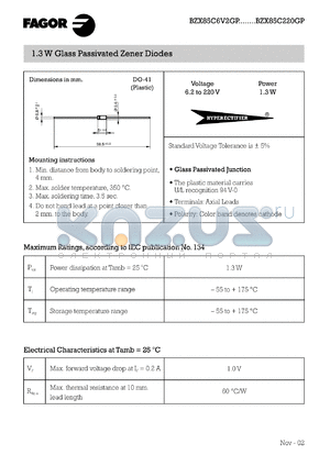 BZX85C180GP datasheet - 180 V, 1.5 mA, 1.3 W glass passivated zener diode