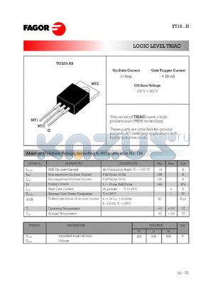 FT1608DH datasheet - 400 V, 10 mA logic level TRIAC