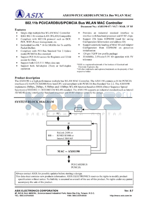 AX81190 datasheet - 0.3-4.6V; 802.11b PCI/CARDUS/PCMCIA bus MAC controller