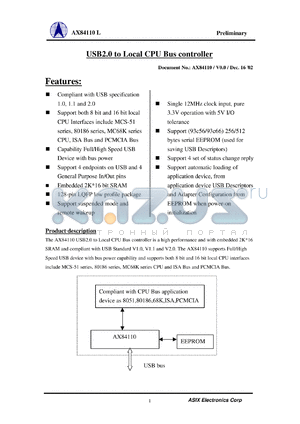 AX84110L datasheet - 0.3-3.6V; USB2.0 to local CPU bus controller