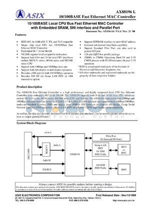 AX88196P datasheet - 0.3-6.0V; 10/100BASE local CPU bus fast ethernet MAC controller with embedded SRAM, SNI interface and parallel port