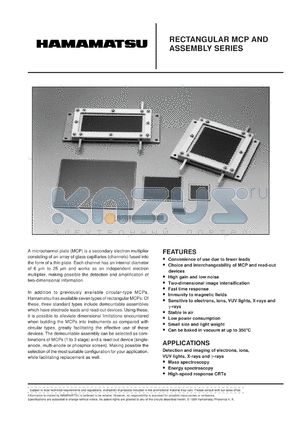 F2813-21S datasheet - Rectangular MCP and assembly series. For detection and imaging of electron, ions, VUV lights, X-rays and V-rays: mass spectroscopy, energy spectroscopy and high-speed response CRTs