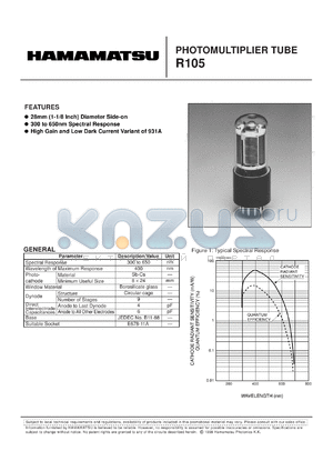R-105 datasheet - Spectral response: 300 to 650nm; photomultiplier tube