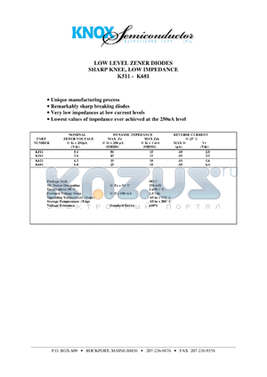 K621 datasheet - Nom zener voltage:6.2V; 250mW; measured from 1000-3000Hz; low level zener diode, sharp knee, low impendance