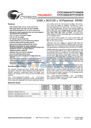 GVT71512D18T-6 datasheet - 512K x 18 pipelined SRAM, 166MHz