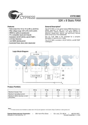 CY7C199C datasheet - 32K x 8 static RAM, 12ns