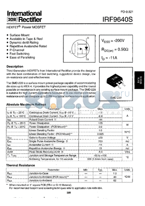 IRF9640STRR datasheet - P-channel MOSFET for fast switching applications, 200V, 11A
