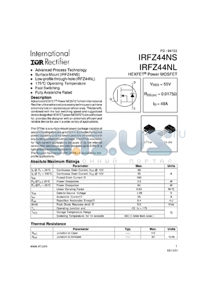 IRFZ44NSTRL datasheet - N-channel power MOSFET for fast switching applications, 55V, 49A