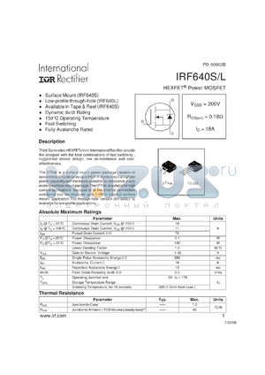 IRF640STR datasheet - N-channel power MOSFET for fast switching applications, 200V, 18A