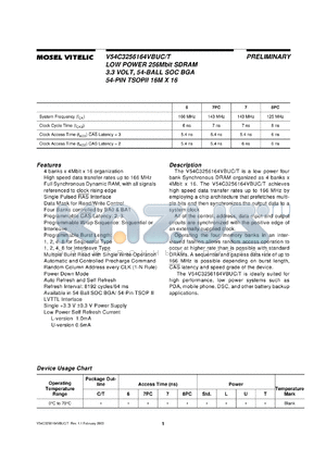 V54C3256164VBUT7 datasheet - 256Mbit (16M x 16)  SDRAM, LVTTL, ultra low power, 7ns