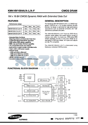 KM416V1004AT-F7 datasheet - 3.3V, 1M x 16 bit CMOS DRAM with extended data out, 70ns