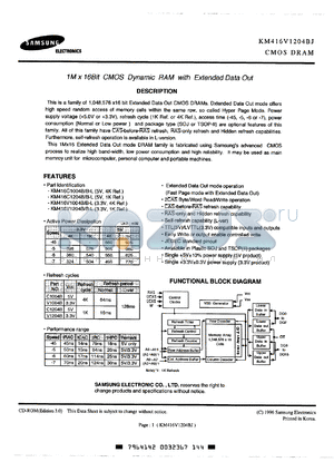 KM416C1004BJ-L45 datasheet - 5V, 1M x 16 bit CMOS DRAM with extended data out, 45ns