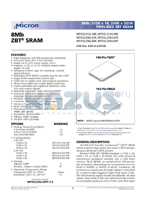 MT55L256V36PF-7.5 datasheet - 256K x 36 ZBT SRAM, 7.5ns