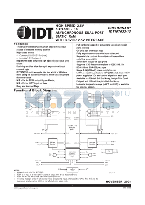 IDT70T631S008BC datasheet - High-speed 2.5V 256 x 18 asynchronous dual-port static RAM, 8ns