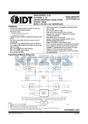 IDT70T631S012BCI datasheet - High-speed 2.5V 256 x 18 asynchronous dual-port static RAM, 12ns