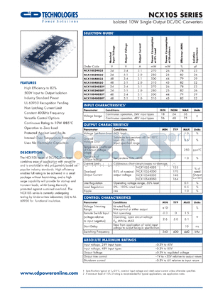 NCX10S24033 datasheet - Isolated 10W single output DC/DC converter. Nom.input voltage 24V, output voltage 3.4V, output current 3.1A.