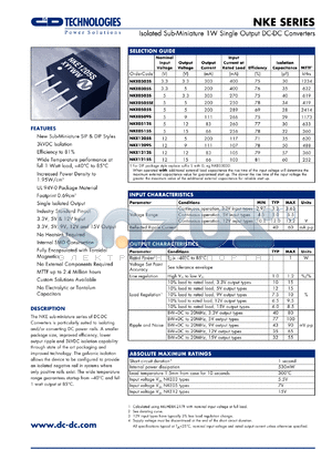 NKE0503S datasheet - Isolated sub-miniature 1W single output DC-DC converter. Nom.input voltage 5V, output voltage 3.3V, output current 303mA.