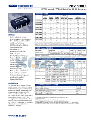 NTV0512M-R datasheet - 3kVDC isolated 1W dual output SM DC-DC converter. Nom.input voltage 5V, output voltage 12V, output current +-42mA.