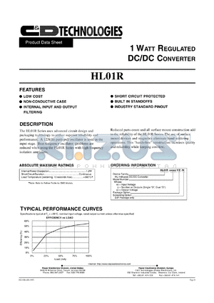 HL01R12D05YH datasheet - Dual 1 Watt regulated DC/DC converter. Nom.input voltage 12Vdc, rated output voltage +-5Vdc, rated output current +-100mA.