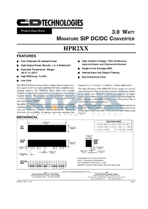 HPR210H datasheet - 3.0 Watt miniature DC/DC converter. Nom.input voltage 12VDC, rated output voltage +-12VDC, rated output current +-30mA.