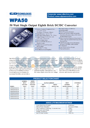 WPA50R48S012-1 datasheet - 50W single output eighth brick DC/DC converter. Nom.input voltage 48Vdc, rated output voltage 1.2Vdc. Output current: 0.0A(min load), 18A(rated load).