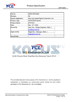 CPF104V datasheet - Product type: POTS/ISDN splitter. System application: very high speed digital subscriber line.