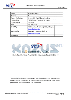 CPF107J datasheet - Product type: POTS splitter for ADSL CPE side. System application: asymmetric digital subscriber line.