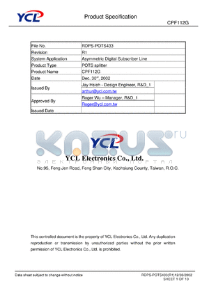 CPF112G datasheet - Product type: POTS splitter. System application: asymmetric digital subscriber line.