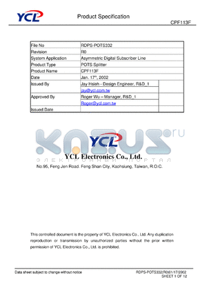 CPF113F datasheet - Product type: POTS splitter. System application: asymmetric digital subscriber line.