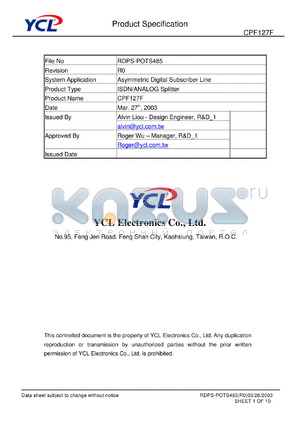 CPF127F datasheet - Product type: ISDN/ANALOG splitter. System application: asymmetric digital subscriber line.